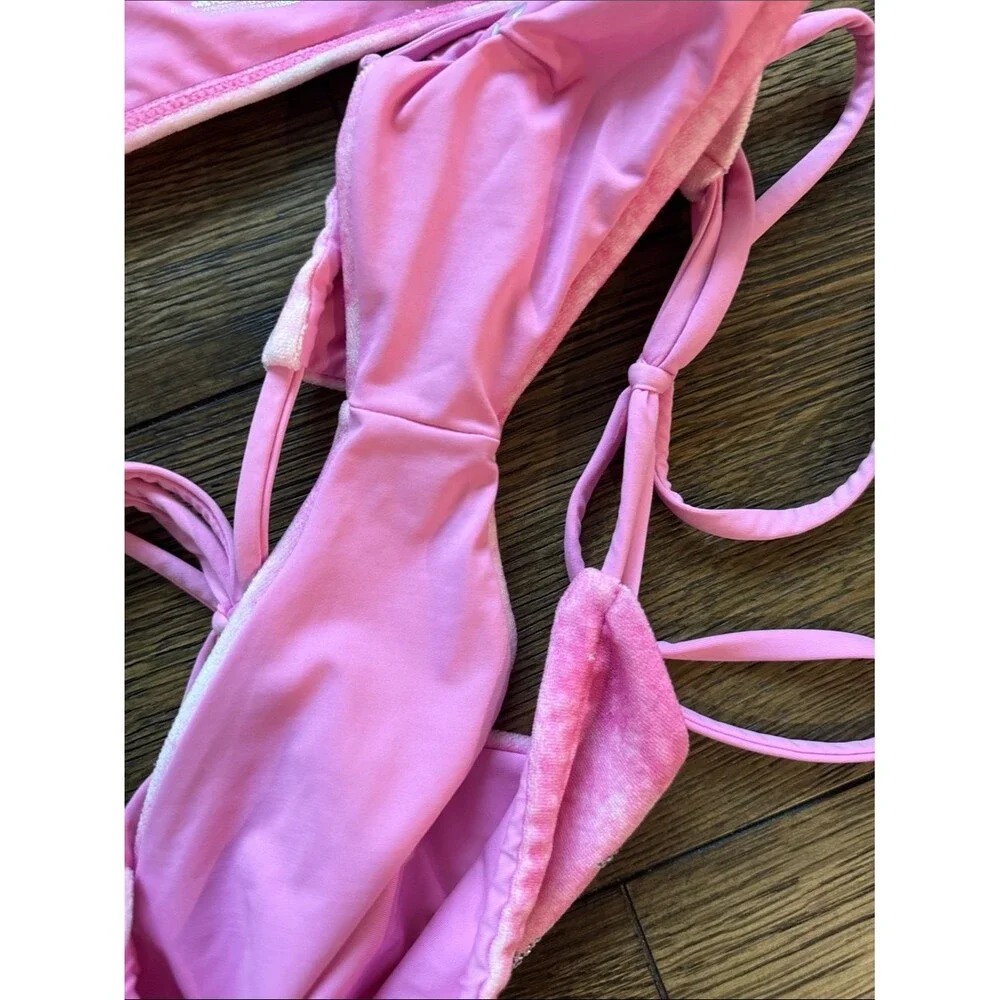 Frankies Bikinis Rhinestone Top & Side Tie Bottom Set Pink Size Med MWOT